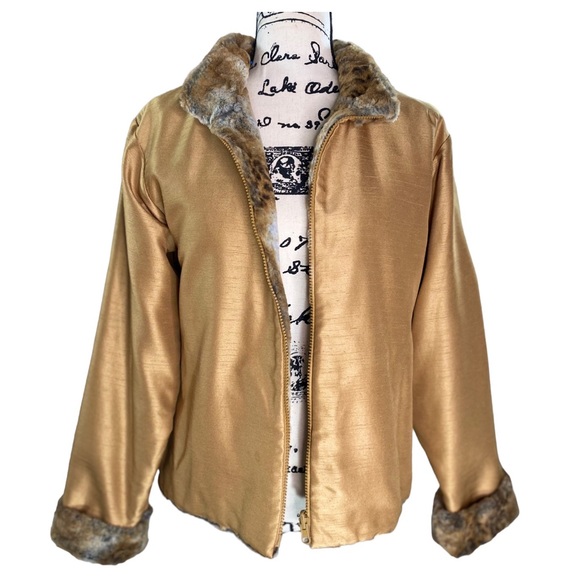 Boutique - Reversible Shantung Taffeta Brilliant Gold Ultra-Soft Faux Fur Coat M - Picture 3 of 16